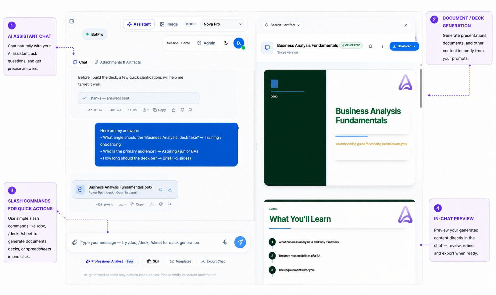 Bayaan deck generation workflow using demonstration content